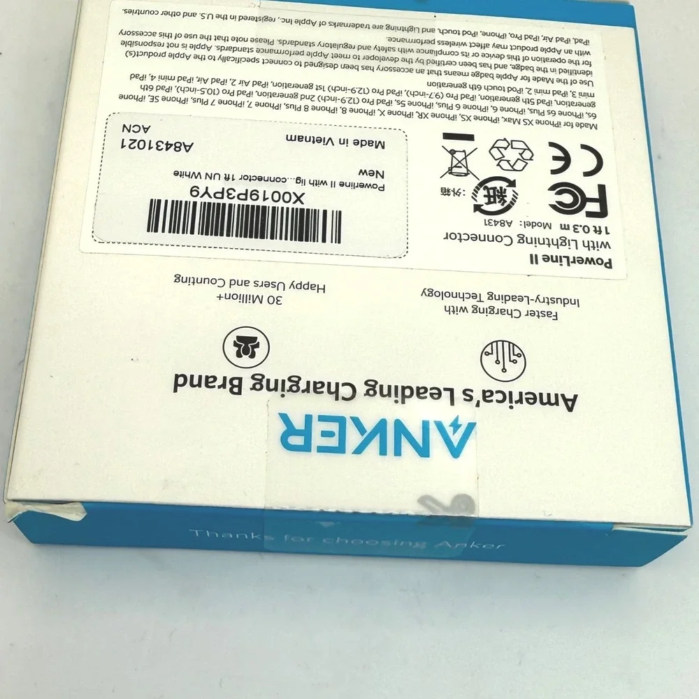Anker PowerLine II Lightning Cable 1ft 0.3m White MFi Certified NEW Sealed A8431